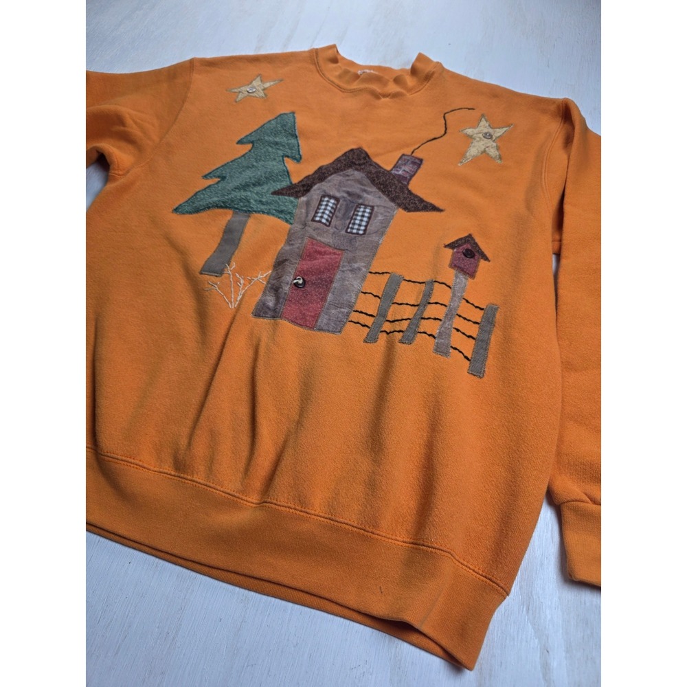 Vintage Cottage Core Applique Sweatshirt Orange Grannycore Boho House L